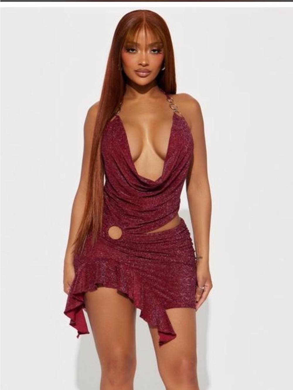 Fashion Nova Wine Red Sparkle Cowl Neck Mini Dress